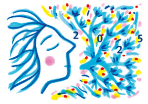 Carte de vœux 2025 de Marcella sophrologue représentant un personnage bleu